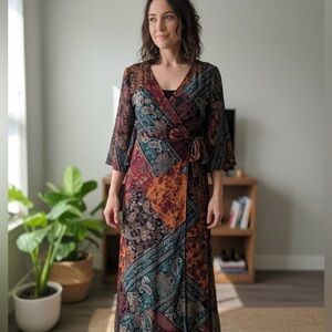 Spirit of Grace Short Sleeve Boho Paisley Patchwork Maxi Dress Small